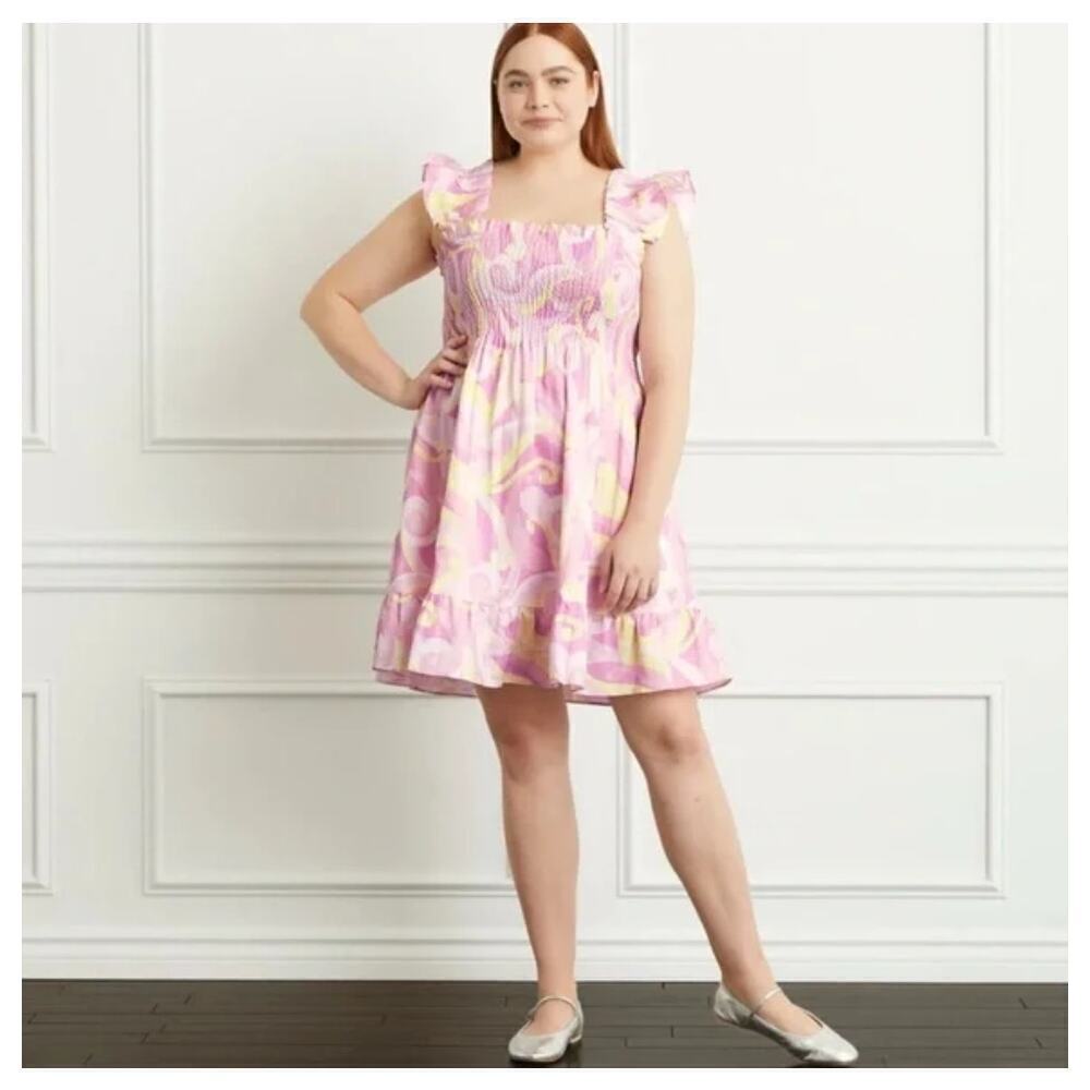 Hill House Pink Yellow Sherbet Kaleidoscope Ruffle Sleeve Mini Linen Dress Sz XS